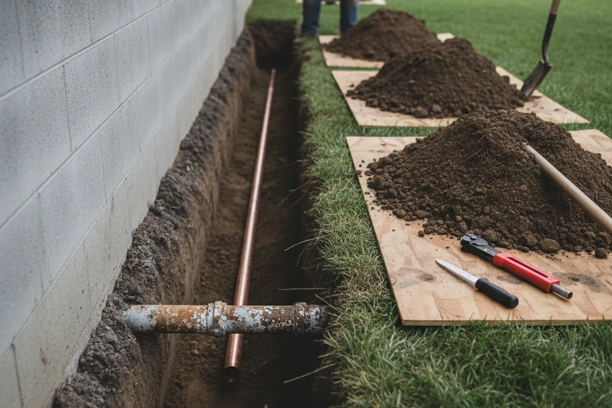 Excavated water line trench during Water Softener Installation in Grand Bay